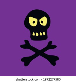 Skull with glowing eyes and crossbones n doodle flat style. Vector black silhouette isolated on dark purple background. Theme of Halloween, death or pirates