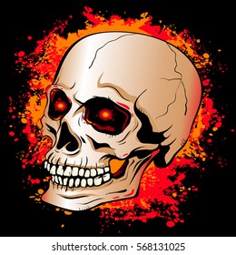 skull with glowing red eyes on a background of the bright spots paint