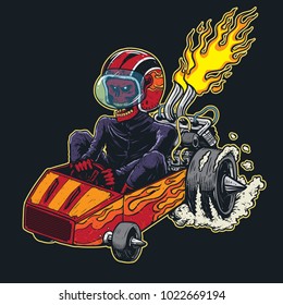 skull go kart racer hand drawing colored