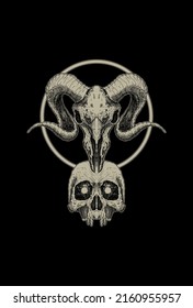 Skull goat with skull and circle artwork illustration