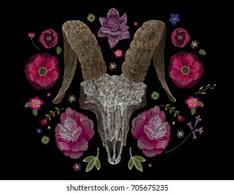 skull of a goat or a cow and peony. Traditional folk stylish stylish floral embroidery on the black background. Sketch for printing on fabric, clothing, bag, accessories and design. vector, trend