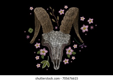 skull goat or and Japanese cherry blossom. Traditional folk stylish stylish floral embroidery on the black background. Sketch for printing on fabric, clothing, bag, accessories and design. vector