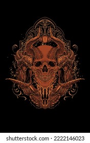 Skull with goat skull and ornament vector illustration