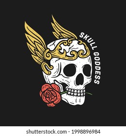 skull goddess with rose concept cartoon vector illustration vintage and retro style