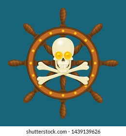 Skull with gold coins and crossbones with ships wheel. Naval vector illustration. Adventure, danger, exploration, piracy symbol. Jolly Roger.