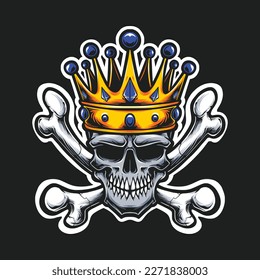skull with gold crown and crossing bones vector