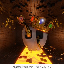 a skull with a gold crown, emerald with a gold snake, and one eye in the lava room