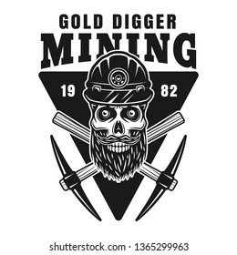 Skull of gold digger in worker helmet and crossed pickaxes vector monochrome emblem, badge, label or logo in vintage style isolated on white background