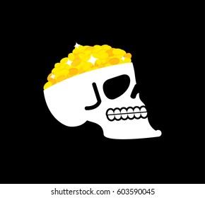 Skull with gold. pirate casket. head of skeleton and golden coins
