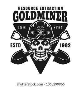 Skull of goldminer in protective helmet and two crossed shovels vector monochrome emblem, badge, label or logo in vintage style isolated on white background