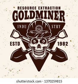 Skull of goldminer in protective helmet and two crossed shovels vector emblem, badge, label or logo in vintage style on background with grunge texture