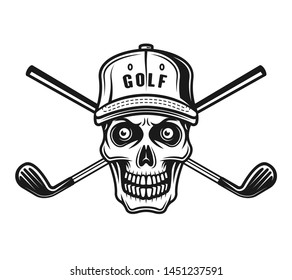 Skull of golfer in cap and two crossed golf sticks vector object or design element in monochrome vintage style isolated on white background