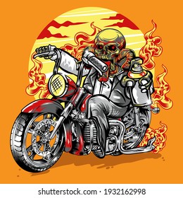 skull graffiti riding vintage motorcycle