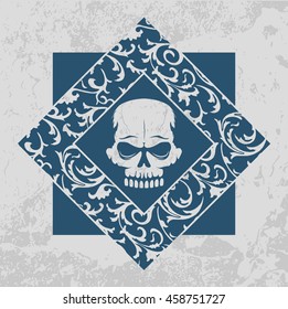 Skull graffiti stencil with floral pattern frame. T-shirt print monochrome design on grunge background. Tattoo or logo vector concept.