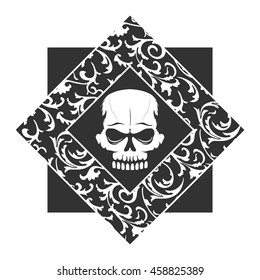 Skull graffiti stencil with floral retro pattern frame. T-shirt print monochrome vintage design on white background. Black tattoo or logo vector concept.