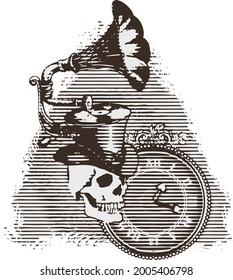 A skull with a gramophone hat and a watch. Engraving style. Design for t-shirt, poster, card, tattoo. 