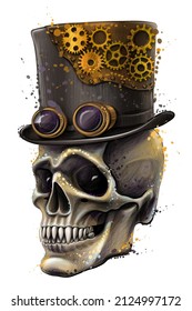 Skull. Graphic, color portrait of a skull in a hat with glasses in the style of steam punk with splashes of watercolor on a white background. Digital vector graphics.