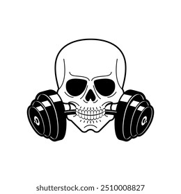 A skull graphic holds dumbbells, representing strength and fitness culture in a striking monochrome style.