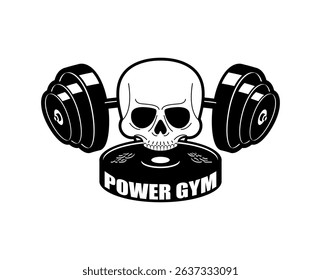 A skull graphic holds dumbbells, representing strength and fitness culture in a striking monochrome style.