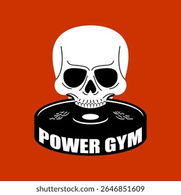 A skull graphic holds dumbbells, representing strength and fitness culture in a striking monochrome style.