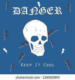 Skull Graphic with Old Typography and Lightning Vectors. Boys T-shirt Print Design. 