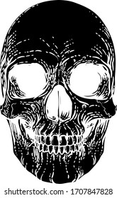 A skull graphic. Original illustration in a vintage engraving woodcut etching style.
