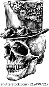 Skull. Graphic, sketch portrait of a skull in a hat with glasses in the style of steam punk on a white background. Digital vector graphics.