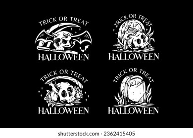 skull and gravestone black white illustration badge logo for halloween celebration