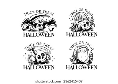 skull and gravestone outline illustration badge logo for halloween celebration