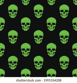 Skull green color vector seamless pattern on a black background, print.