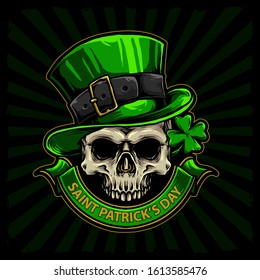 skull with green hat and four leaf clover for St patrick day hand drawn vector