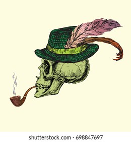Skull in green hat with yellow ribbon and fancy feathers smoking pipe, hand drawn doodle, sketch in woodcut style, color vector illustration