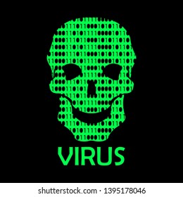 Skull green on black background, dangerous virus, data protection, vector