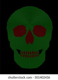 Skull green and red radial dot pattern. Symbol of the bone structure of an head of a skeleton. Formed by dots beginning from the place of the third eye. Abstract illustration on black background.