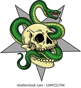 Skull and green snake with star on the background. Vector illustration.