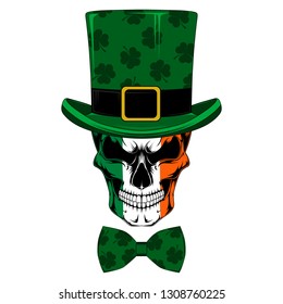 Skull in green top hat and bow-tie. Vector image on white background.