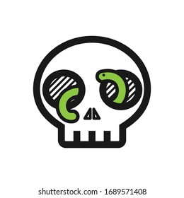 Skull with green worm coming out of it's eyes simple vector illustration. Horror creepy death poison warning danger logo icon symbol. October, Halloween, Oktoberfest, Witchcraft.