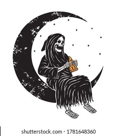 Skull grim eat pizza on the moon vector illustration