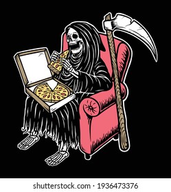 Skull grim eating pizza illustration