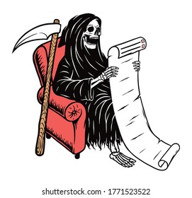 Skull grim read the list paper vector illustration