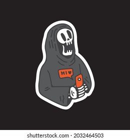 Skull grim reaper with hand phone using social media illustration. Vector graphics for t-shirt prints and other uses.