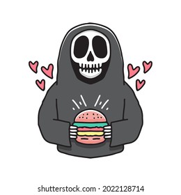 Skull grim reaper holding burger illustration. Vector graphics for t-shirt prints and other uses.