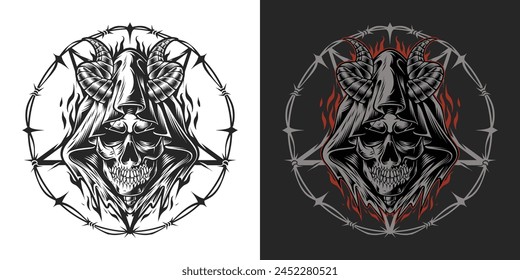 Cráneo Grim Reaper con logotipo de cuerno ilustración de estilo de arte oscuro para diseño de camiseta