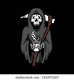 Skull grim reaper love coffee graphic illustration vector art t-shirt design