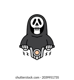 Skull grim reaper ride a bike cartoon. illustration for t shirt, poster, logo, sticker, or apparel merchandise.