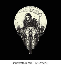 Skull grim reaper ride motorcycle graphic illustration vector art t-shirt design