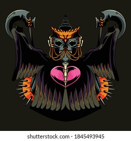 Skull Grim Reaper with Sword and Crown Big Heart Vintage Beautiful Illustration Design Vector