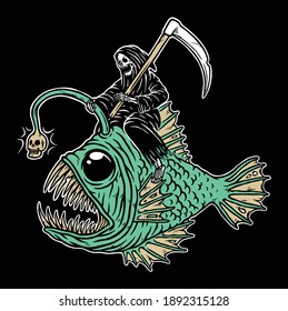 Skull grim riding ghost fish illustration