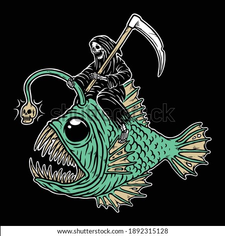 Skull grim riding ghost fish illustration