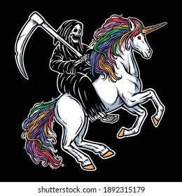 Skull grim riding a unicorn illustration